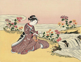 A Girl Collecting Chrysanthemum Dew by the Stream, After 1765-Suzuki Harunobu-Pinto Gallery