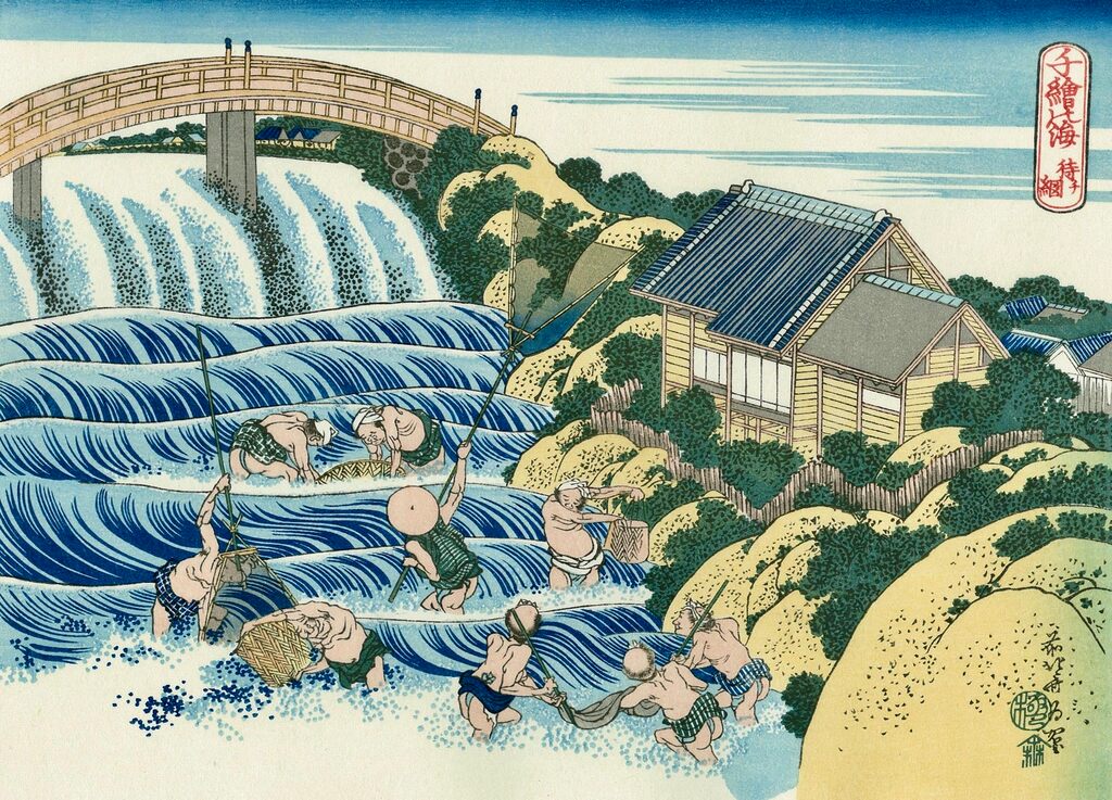 Katsushika Hokusai - Trapping Fish Below a Waterfall, After 1832 - Pinto Gallery