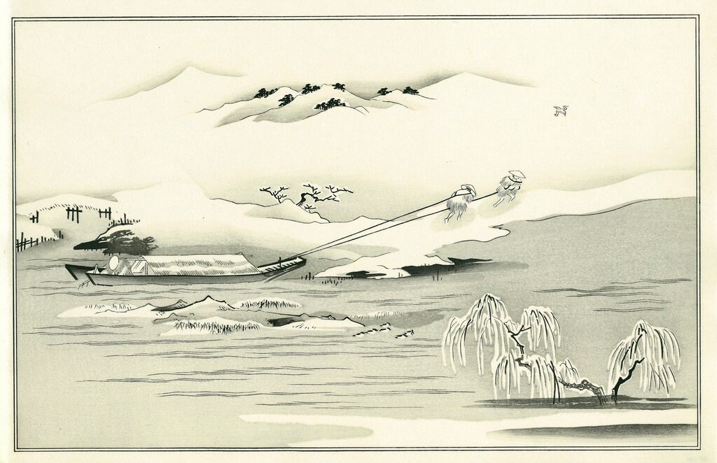 Kitagawa Utamaro - Towing a Boat in Snow, Illustration from the Kyoka Album "Ginsekai"(Silver World), After 1792 - Pinto Gallery