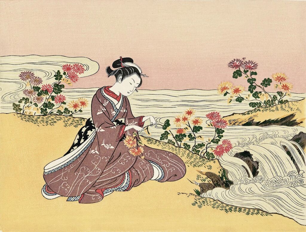 Suzuki Harunobu - A Girl Collecting Chrysanthemum Dew by the Stream, After 1765 - Pinto Gallery