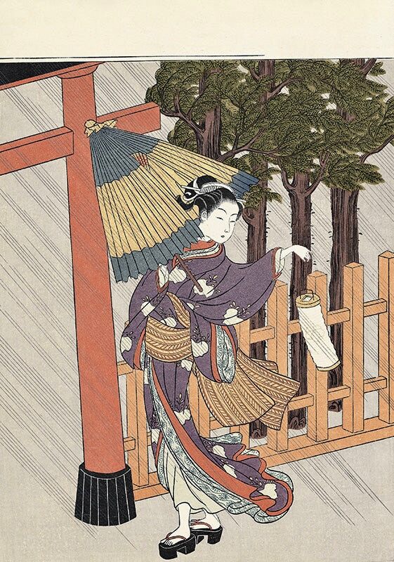 Suzuki Harunobu - Beauty at Shrine in Rain, After 1765 - Pinto Gallery