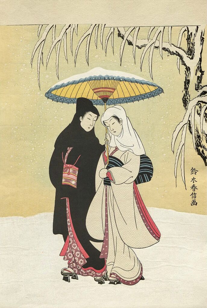 Suzuki Harunobu - Couple under Umbrella in Snow, After 1765 - Pinto Gallery