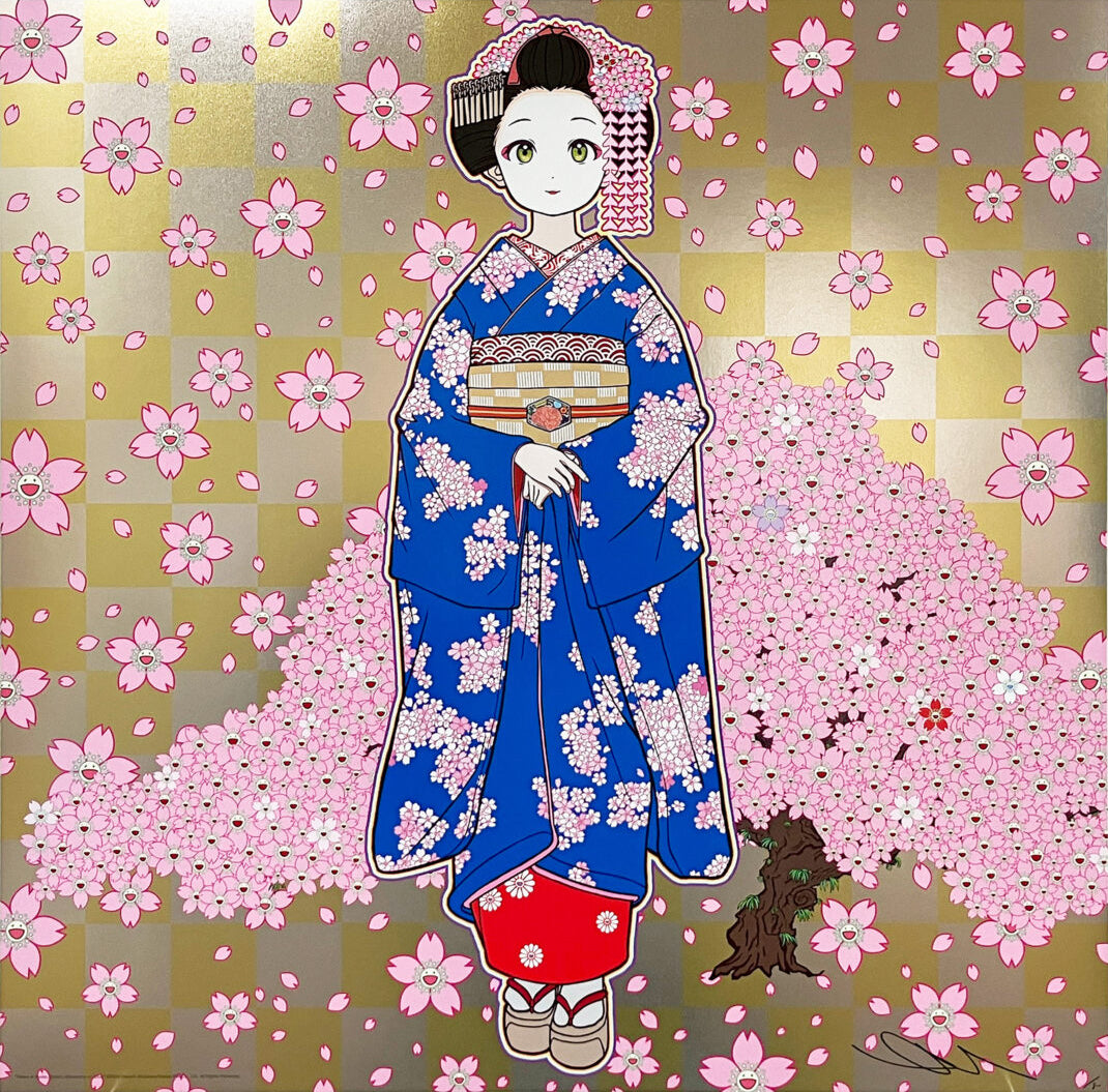 Takashi Murakami - Maiko in Kyoto, Cherry Blossoms on Blue, 2024 - Pinto Gallery