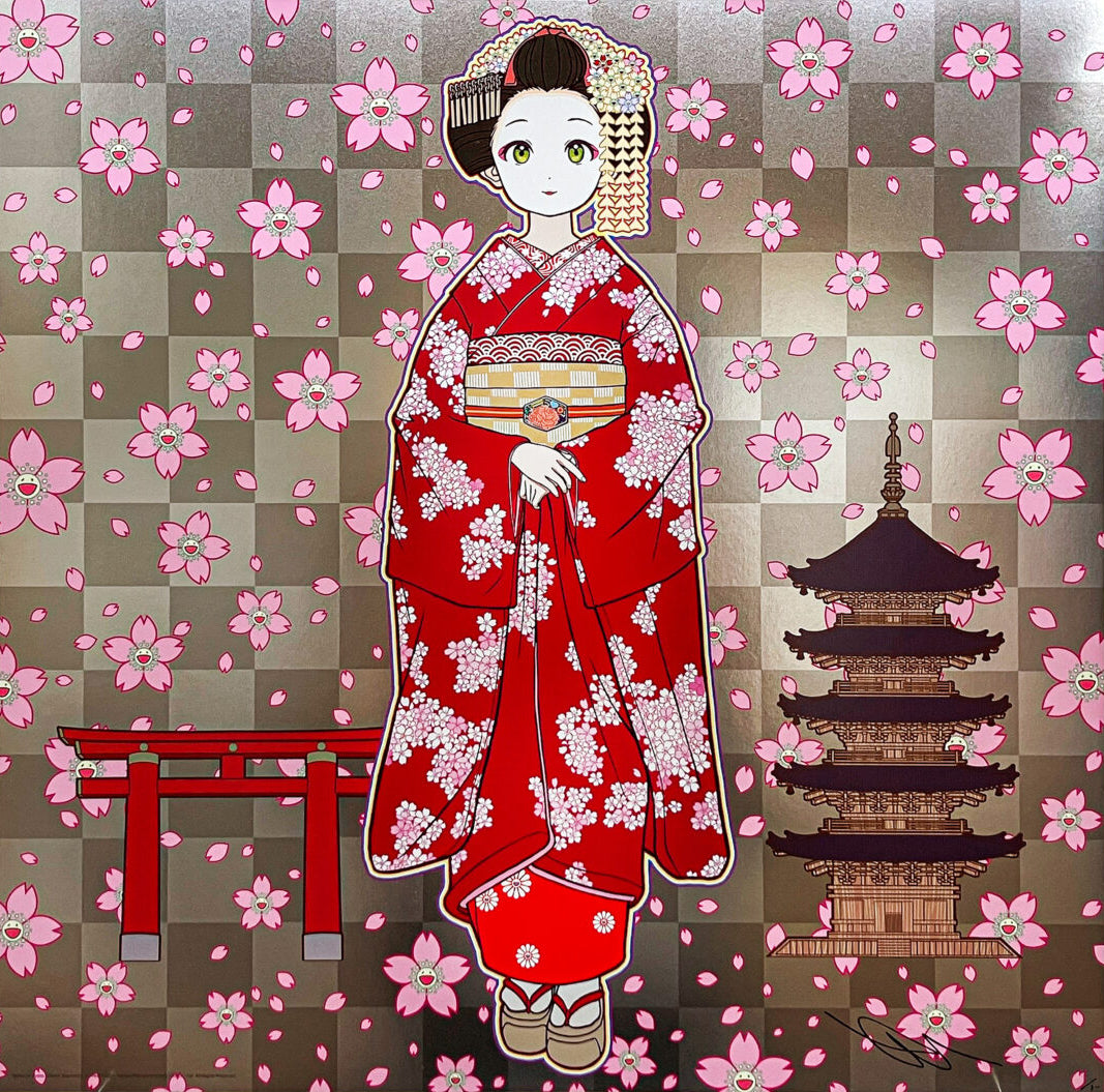 Takashi Murakami - Maiko in Kyoto, Cherry Blossoms on Red, 2024 - Pinto Gallery