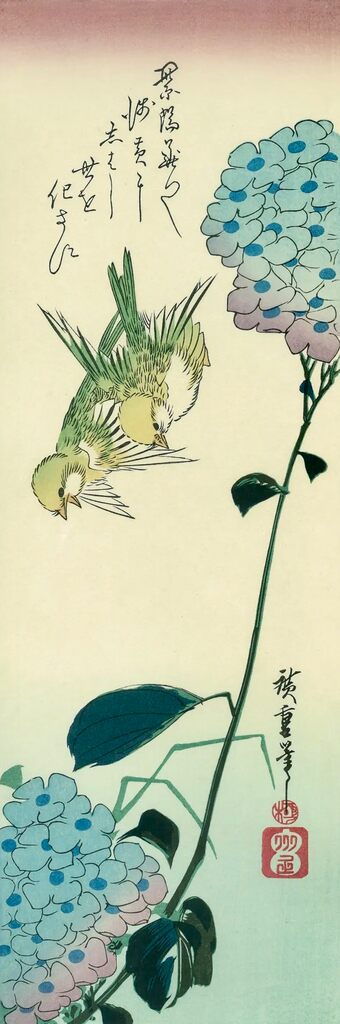 Utagawa Hiroshige (Andō Hiroshige) - Hydrangea and Greenfinches, After 1830 - Pinto Gallery