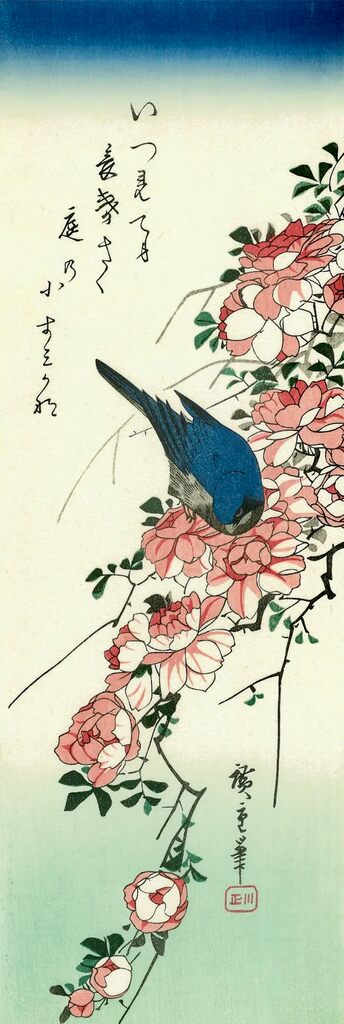 Utagawa Hiroshige (Andō Hiroshige) - Rose and Blue Bird, After 1832 - Pinto Gallery