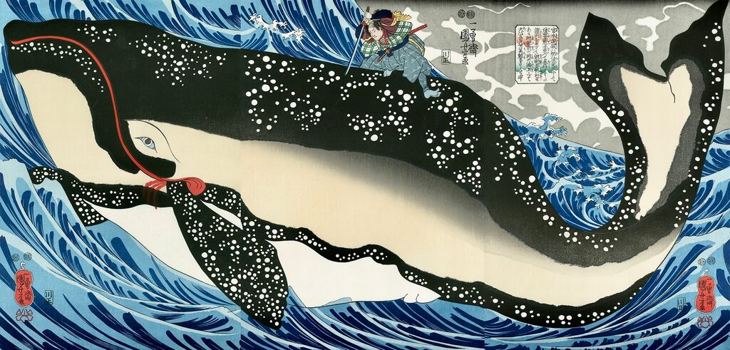 Utagawa Kuniyoshi - Miyamoto Musashi Subduing the Whale, After 1842 - Pinto Gallery