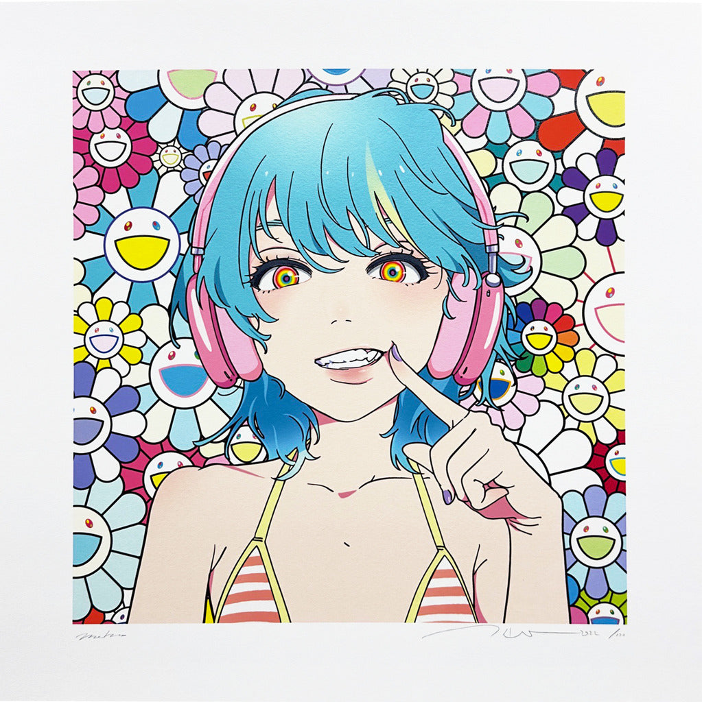 Takashi Murakami - Smile_02 Blue hair, pink headphones w M.F, 2022 - Pinto Gallery
